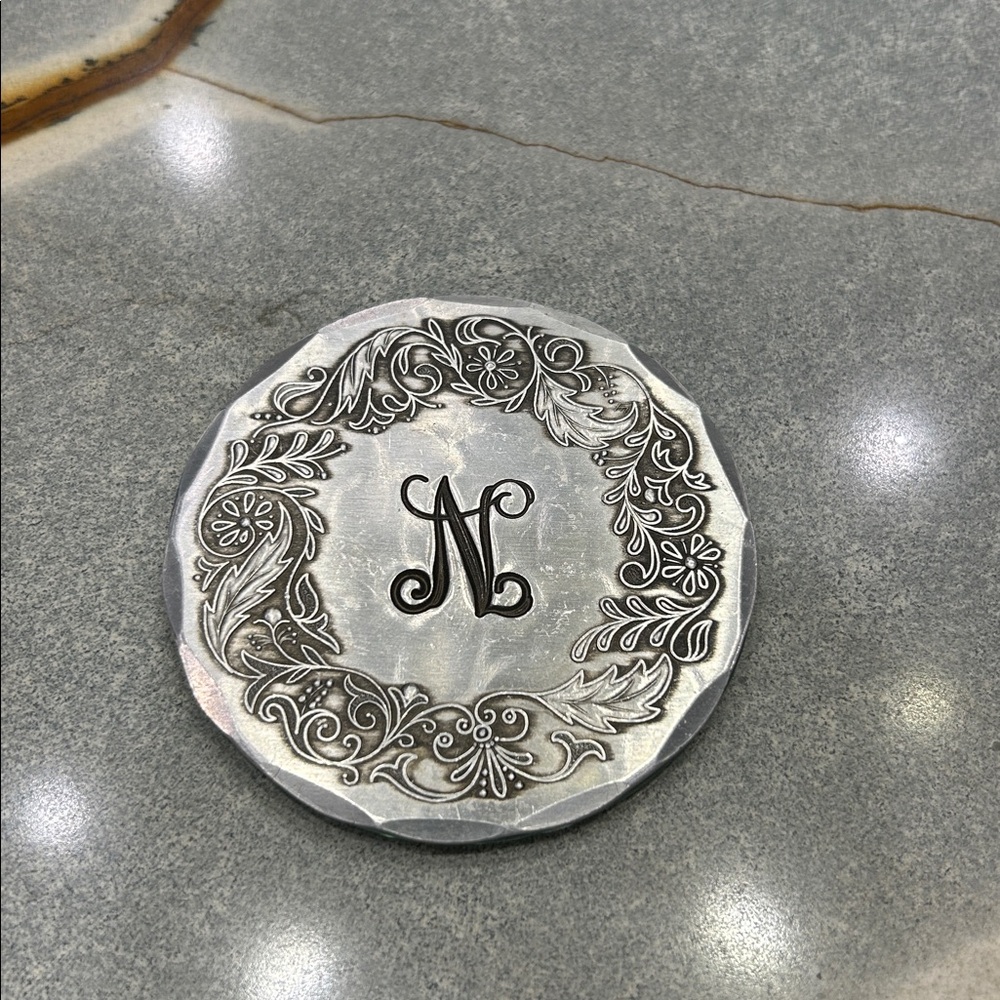 N Monogrammed and decorative Metal Pocket Purse Makeup Compact Mirror.  N